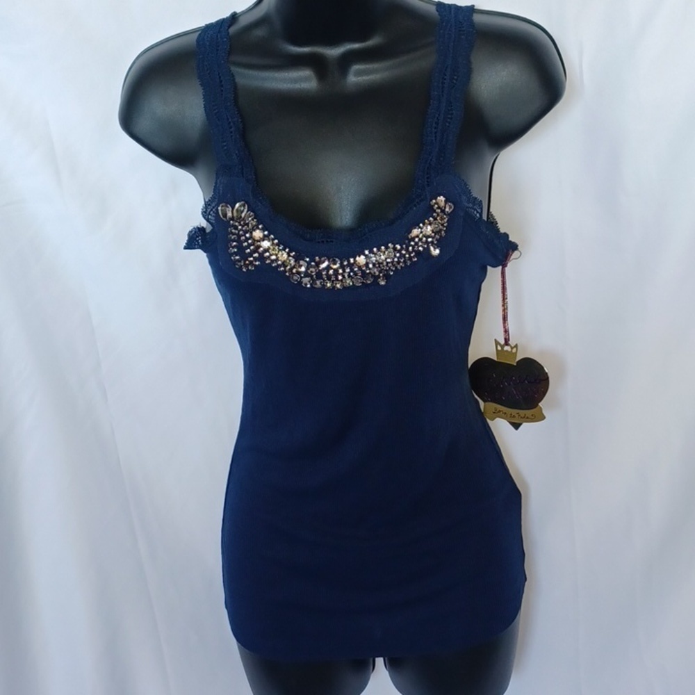 Princess Vera Wang lace & rhinestone tank navy Sz S NWT.